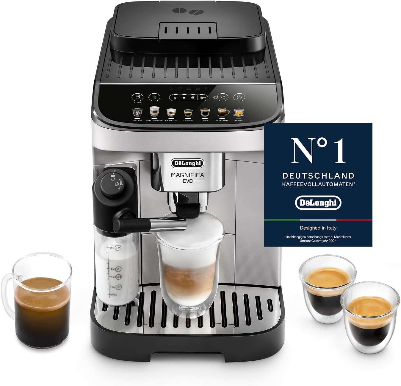 Magnifica Evo (ECAM292.81.SB) - Kaffeevollautomat mit Vollautomatischem cremigen Milchschaum, 7 One-Touch-Getränke, Cappuccino & Espresso,Soft-Touch-Bedienfeld, Silber