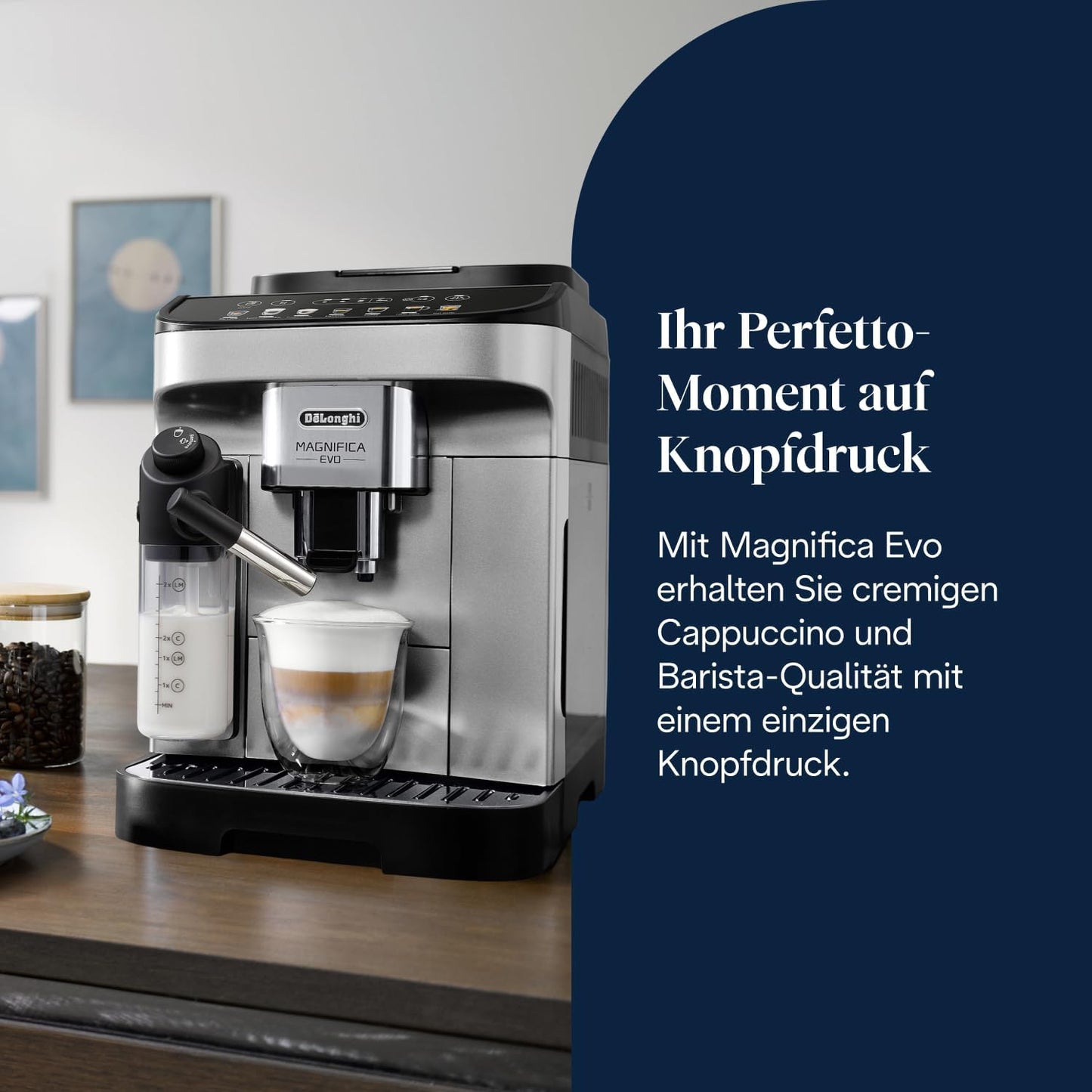 Magnifica Evo (ECAM292.81.SB) - Kaffeevollautomat mit Vollautomatischem cremigen Milchschaum, 7 One-Touch-Getränke, Cappuccino & Espresso,Soft-Touch-Bedienfeld, Silber