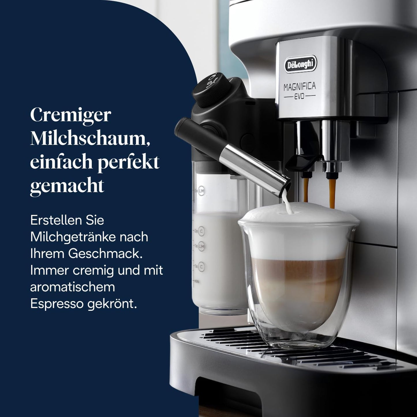 Magnifica Evo (ECAM292.81.SB) - Kaffeevollautomat mit Vollautomatischem cremigen Milchschaum, 7 One-Touch-Getränke, Cappuccino & Espresso,Soft-Touch-Bedienfeld, Silber