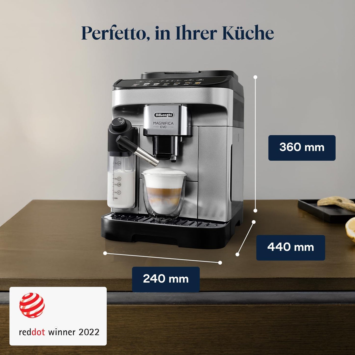 Magnifica Evo (ECAM292.81.SB) - Kaffeevollautomat mit Vollautomatischem cremigen Milchschaum, 7 One-Touch-Getränke, Cappuccino & Espresso,Soft-Touch-Bedienfeld, Silber